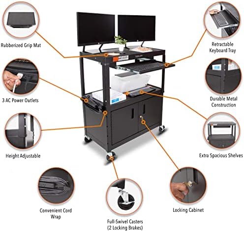 Line Leader Large AV Cart with Locking Cabinet | Height Adjustable Utility Cart with Pullout Keyboard Tray & Cord Management | UL Safety-Certified Computer Cart | Easy Assembly (32 x 18 x 42in)