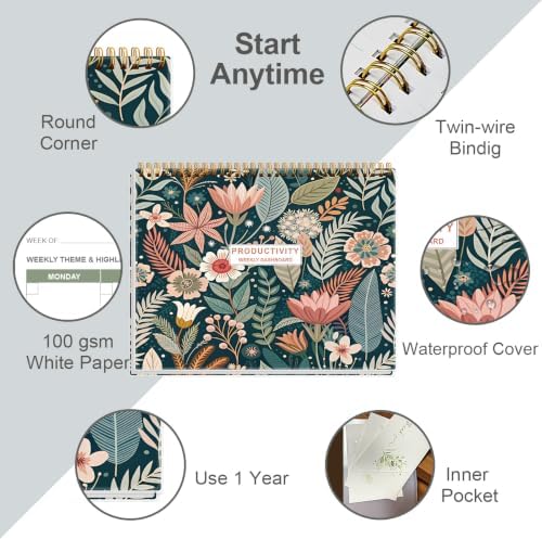Weekly Productivity Dashboard - 8.5" x 11" Dashboard Desk Notepad Has 6 Focus Areas to List Tasks for Goals, Projects, Clients, Academic or Meal-Organize Your Daily Work Efficiently, 54 Weeks, Flower-D