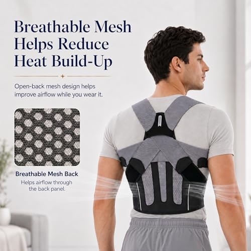 Posture Corrector for Men, Adjustable Upper Back Brace with Breathable Mesh Back, 4 Flexible Support Stays & Underarm Fit Adjustment, Back Straightener Helps Reduce Slouching Strain for Desk Work, Sitting, Reading & Posture Training
