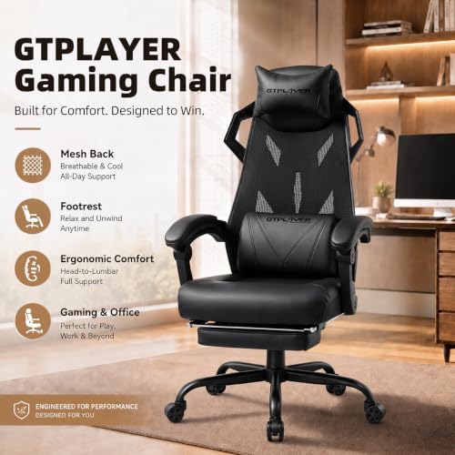 GTPLAYER Gaming Chair, Computer Chair with Mesh Back, Ergonomic Gaming Chair with Footrest, Reclining Gamer Chair with Adjustable Headrest and Lumbar Support for Gaming and Office (Black)