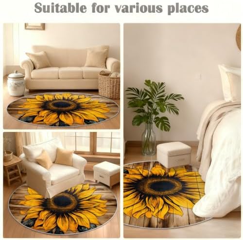 Sunflower Round Rug - 6ft Washable Sunflower Round Area Rug for Living Room, Western Country Circle Rugs Soft Non-Slip Carpet for Bedroom Dining Table Decor Mat