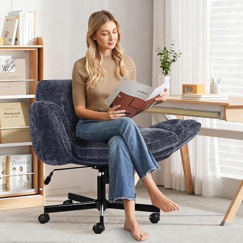 Criss Cross Chair with Wheels & Arms, Chenille Cross Legged Office Chair with 5-level Folding Armrest, Comfortable Adjustable Swivel Vanity Chair for Home, Make Up, Bed Room, Office, Accent (Blue)