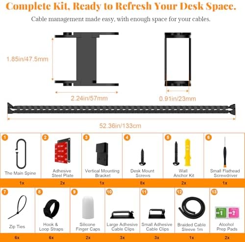 Standing Desk Cable Management Spine - Under Desk Cable Management Snake with Magnetic Mount, Flexible PA66 Nylon Vertebrae Cord Organizer Raceway, Adjustable Length for Office, Gaming, Sit-Stand Desk