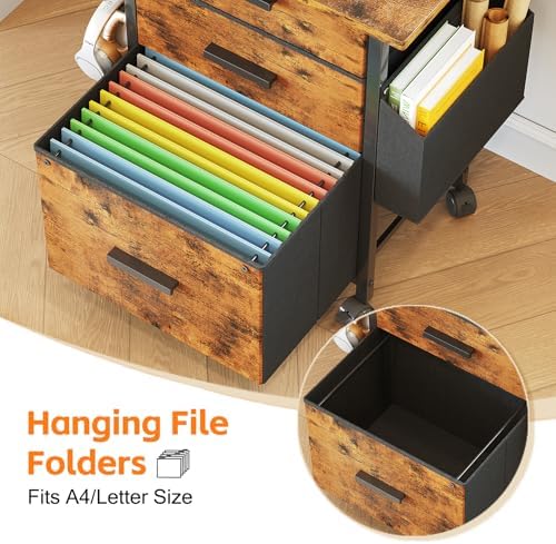 Mexin 3 Drawer File Cabinet with 22'' Extended Desktop, Mobile Filing Cabinet, Printer Stand, Rolling Printer Stand with Side Bag, Fabric Drawer, Fits A4 Size, Home Office,Rustic Brown