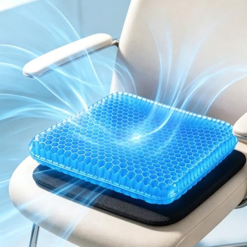 100% Gel Seat Cushion Original-Extra Thick, Breathable Honeycomb Design,Non-Slip Cooling Cushion for Office Chair, Car & Wheelchair, Blue 1pc Seat Cover