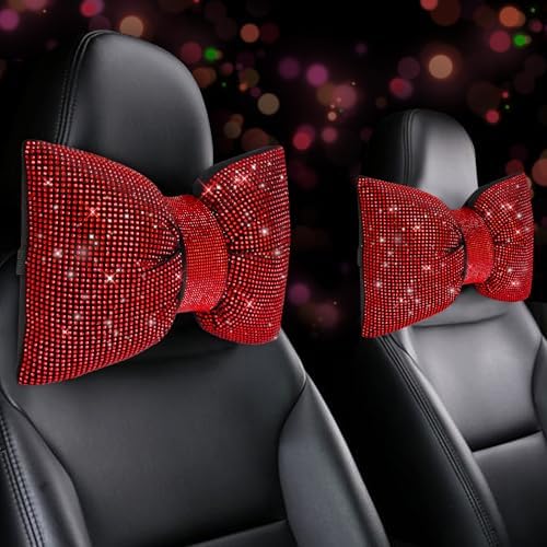 ChuLian 4 PCS Bling Car Pillows,Rhinestones Bowknot Car Headrest Pillow,Red