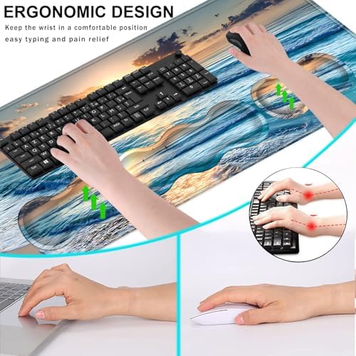 Keyboard Wrist Rest and Mouse Pad with Wrist Support Set Ergonomic Coaster,Memory Foam,Easy Typing Pain Relief,Large XL Desk Mat 31.5"x 11.8",Beach