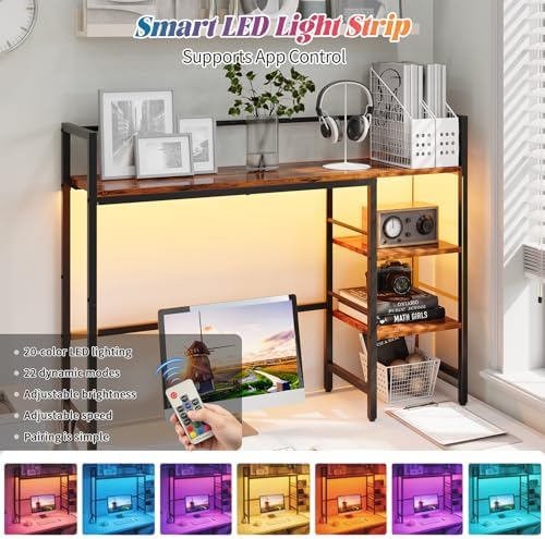 HavenlyYouth Desk Shelf with LED Light Strip, 3-Tier Storage Desktop Organizer Shelf, 38.6" Wood Desktop Bookshelf for Computer Monitor, Desk Hutch for Home Office Dorm, Rustic