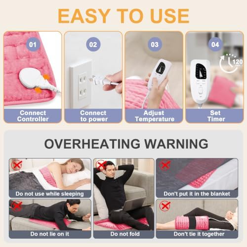 Heating Pad,Electric Heating Pads,Heating Pad for Back,Fuchsia,24x12 Inch