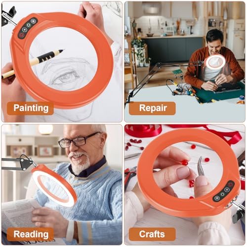 VEEMAGNI 5 Inch Large Real Glass Magnifying Glass with Light and Stand, 5 Color Modes Stepless Dimmable, 2*16 Inch Swivel Arm LED Clamp Desk Lamp, Hands Free 15X Lighted Magnifier for Crafting-Orange