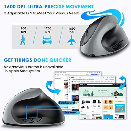 Right Hand Ergonomic Vertical Wireless Mouse Type C Rechargeable 6 Btn Mice