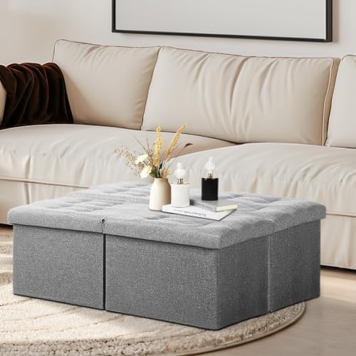 AmasSmile Footrest Ottoman Storage Bench, 34" Linen Folding Chest, Gray