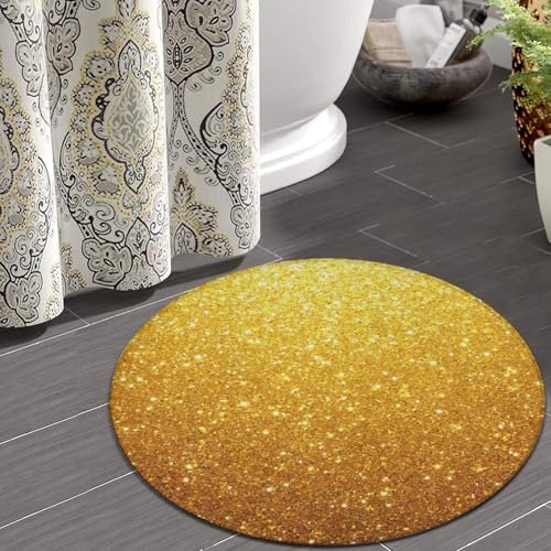 Room Sofa Yoga Soft Round Carpet, Home Decor Non Slip Kitchen Office Circle Rug, Machine Washable Modern Round Area Rug Beautiful Gold Shining Glitter Sparkles Pattern