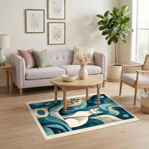 4'x6' Teal Blue Cat Boho Abstract Design Ultra-Soft Area Rug