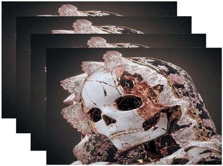 Batmerry Porcelain Skeleton Lace Linen Placemats Set of 4, Cracked Gilded Floraldecorated Washable Table Mats for Kitchen Table Thickened Heat Insulation Dining Set Indoor Outdoor 12X18 in