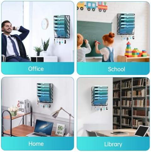 2 Pack 6 Tier Wall File Organizer - Hanging File Organizer with 5 Hooks, Mail Holder Wall Mounted for Papers, Folders, Magazines, Bills, Office&School Organization, Black
