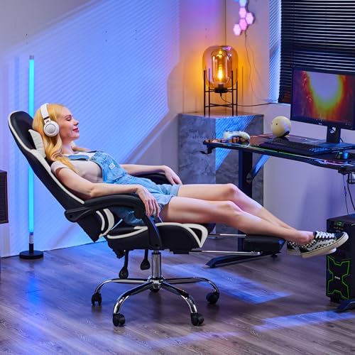 NEWBULIG Computer Gaming Desk Chair - High Back Ergonomic Lumbar Support with Footrest and Headrest, Comfy PU Leather Recliner with Linkage Armrest, Height Adjustable and 360° Swivel, White