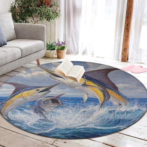 Home Decor Non Slip Kitchen Office Circle Rug, Machine Washable Modern Round Area Rug, Room Sofa Yoga Soft Round Carpet Whimsical Fish Painting, 36inch
