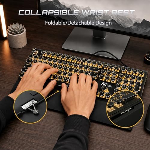 RK ROYAL KLUDGE S108 Typewriter Mechanical Keyboard, Wired Gaming Keyboard with Number Pad, Full Size Retro Keyboards w/Detachable Wrist Rest for Mac/Win/PC, Clicky Blue Switch, Yellow Backlit Black