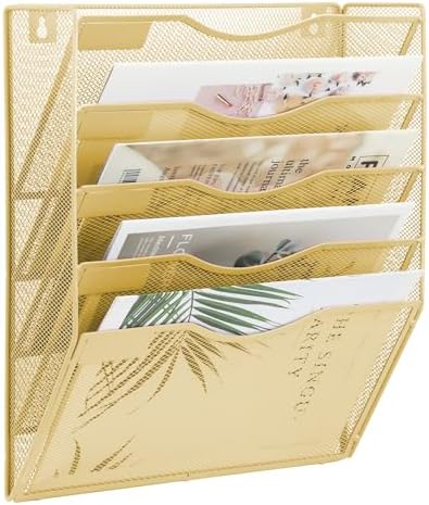 EASEPRES 5 Pocket Mesh Hanging Wall File Organizer, Wall Mounted Mail Paper Document Folder Holder, Clipboard Storage Organization Magazine Rack with Nametag Label for Office Home School, Gold