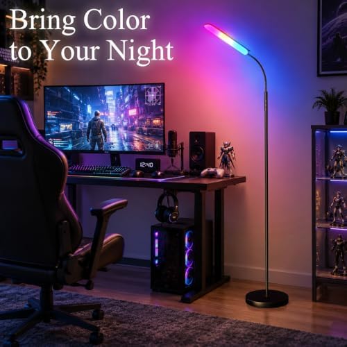 Yikuneng Floor Lamps, RGB Color Changing Dimmable LED Floor Lamp with Stepless Adjustable 2700K-6500K, Smart Remote Control Modern Standing Floor Lamp for Bedroom, Reading, Gaming Room