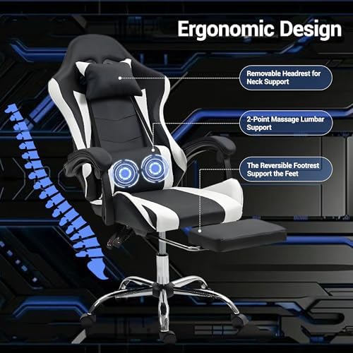 Massage Gaming Chair with Footrest，Ergonomic Video Game Chair for Adults Kids, Adjustable Headrest & Lumbar Support, 90-135° Recline, 360° Swivel, for Gaming Room Home Office Bedroom, White
