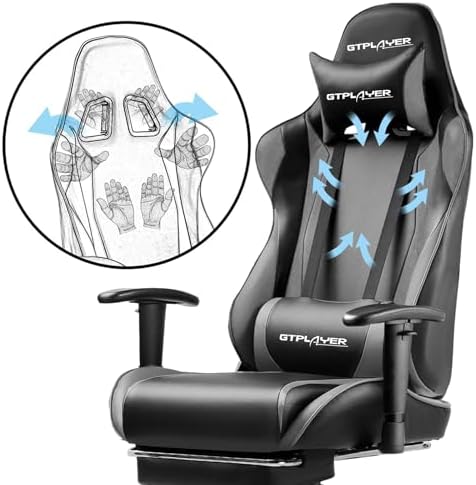 GTPLAYER Gaming Chair with Footrest, Ergonomic Computer Game Desk Chair, Reclining Gamer Chair Seat Height Adjustment, Swivel Rocker with Headrest and Lumbar (Gray)