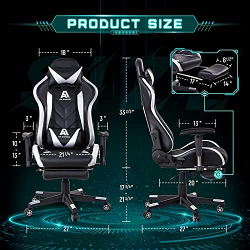 AA Products Gaming Chair High Back Ergonomic Computer Racing Chair Adjustable Office Chair with Footrest, Lumbar Support Swivel Chair - White