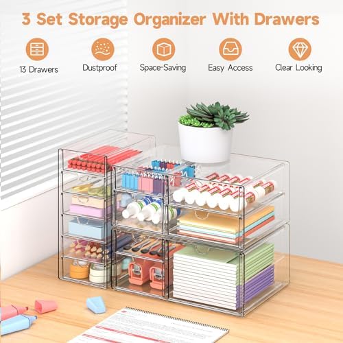 DOMNIU Acrylic Makeup Drawer Storage Organizer with 13 Drawers, 3 Set