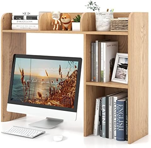 Tangkula Desktop Bookshelf, Countertop Storage Hutch with 5 Shelves for Computer Desk, 3-Tier Display Rack, Multipurpose Wood Storage Organizer for Dorm Office Home