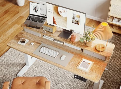 BANTI 48x24 Inch Electric Height Adjustable Standing Desk, Home Office Computer Desk with Double Storage Drawers, 4 Adjustable Feet & 2 Hooks, Maple
