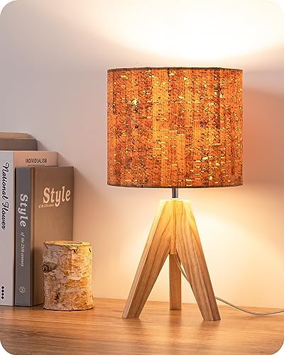 EDISHINE Small Table Lamp, Wood Tripod Nightstand Lamp, Bark Linen Shade