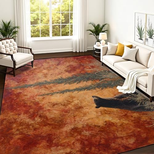 Nature Inspired Bear Pine Scene Warm Earthy Tones Area Rug Outdoor Patio Rug Play Mat Modern Floor Carpet Non-Slip Home Decor Living Room Kids Bedroom Nursery, 9x12 ft