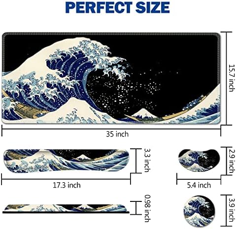 AIMSA Large Gaming Mouse Pad Set, Keyboard Wrist Rest Support Mouse Pad, Ergonomic Memory Foam Multifunctional Extended Desk Mat 35x15.7in Anti-Slip Rubber Base for Office Home, Big Waves