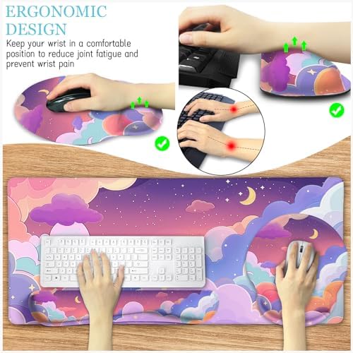 LIMKRIAN Purple Mouse Pad Large Desk Mat Set, Kawaii Clouds Ergonomic Mouse Pad with Wrist Rest Keyboard Wrist Support XXL Mousepad Cup Coaster Set, Cute Purple Office Desk Accessories Decor Supplies
