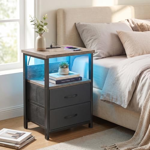 Fixwal Night Stand with Charging Station, Led Nightstand, 2 Fabric Drawers