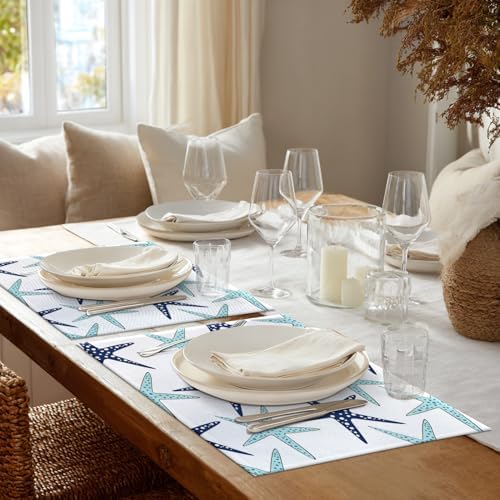 Shrahala Nautical Starfish Placemats, Table Mat Linen Burlap Washable Double-Deck Heat Insulation for Dining Table Kitchen Table Set of 4 (12 x 18 inch),Sky Blue White Navy Sea Star