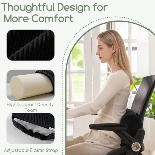 HIGOGOGO Lumbar Roll Lumbar Support Pillow for Office Chairs, Cars, and Gaming Chairs, Back Cushion with Washable Cover & Adjustable Strap to Relieve Back Pain and Improve Posture, 15"x6"x5", Black