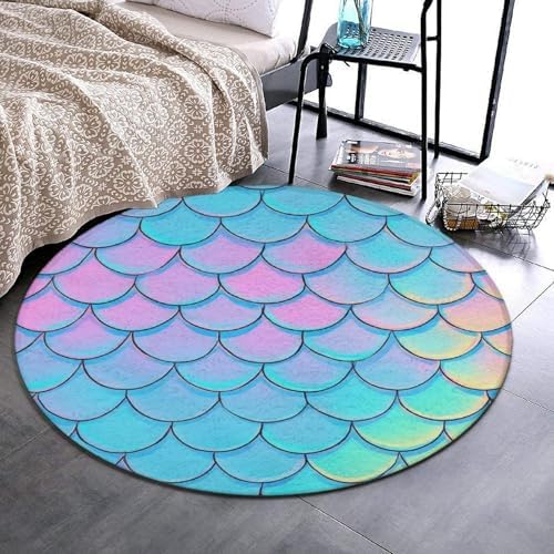Large Round Area Rug Home Decor Modern Bathroom Rug Kitchen Office Circle Rug for Living Room Sofa Circle Cute Mat Beautiful Mermaid Fish Scale