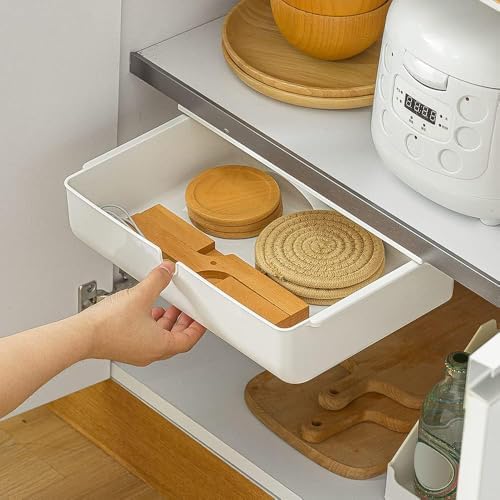 Poeland Under Desk Drawer Self-Stick Storage Organizer for Office Home School, Holders for Desk Accessories, Large Size, White
