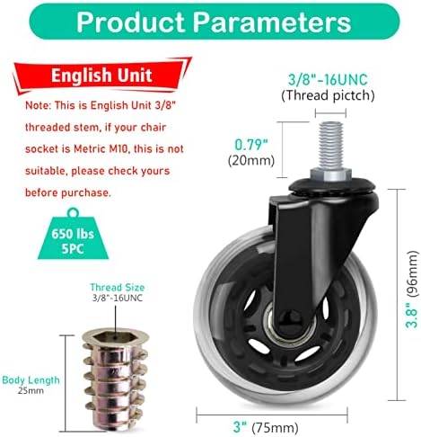 Hirate 3 inch Office Chair Casters Wheel with 3/8"-16UNC Threaded Stem