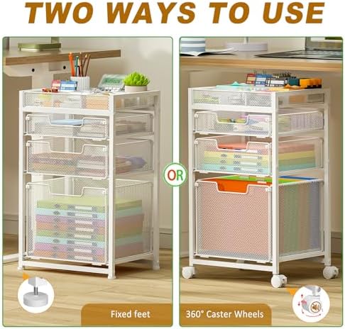 Rolling File Cart with 3 Storage Drawers, Under Desk Organizer with DIY Divider, Moblie Filing Cabinet on Wheels, Fits A4/Letter Size, Metal Utility Cart for Home Office, White