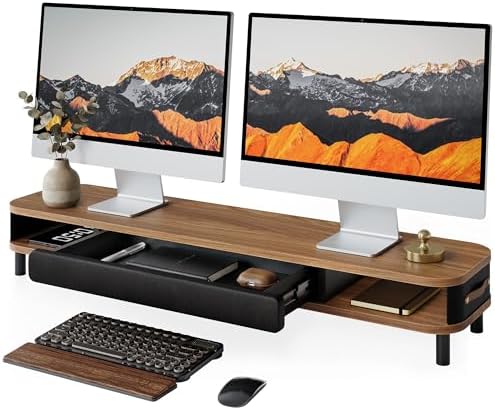 Fenge Dual Monitor Stand with Large Storage Drawer, 42.5" Desk Shelf, Brown