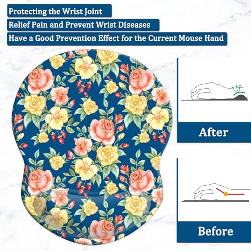 Mouse Pad with Gel Wrist Support and Non-Slip Base - Pain Relief Ergonomic Wrist Rest Mouse Pad for Working & Gaming, Home & Office Desk Accessories (Flowers)