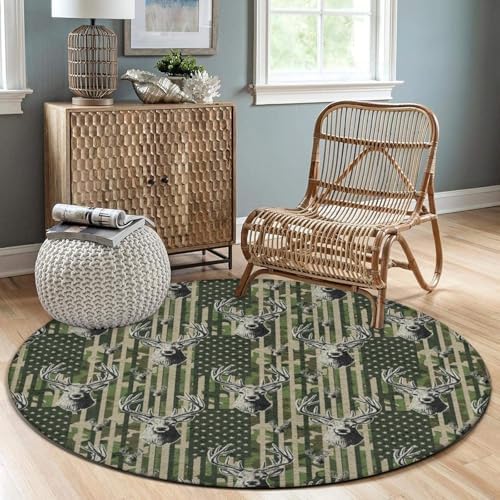 Soft Round Yoga Carpet, Office Chair Decor Round Mat for Carpet and Hardwood Floors American Flag Camouflage Hunting Deer Camo, 24inch