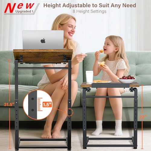 Tv Tray Table, 8-Level Adjustable Height Couch Side Table，90° Tilt Angle Adjustments C-Shaped End Table, with Phone & Tablet Slot Sofa Computer Desk for Couch, Sofa, Bed, Chair, Living Room (Brown)