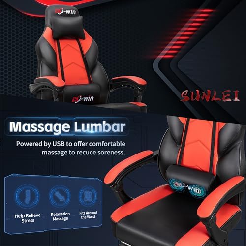 Gaming Chair, Office Chair with Footrest and Lumbar Support, Height Adjustable Game Chair with 360°-Swivel Seat and Headrest and for Office or Gaming (Deep Red)