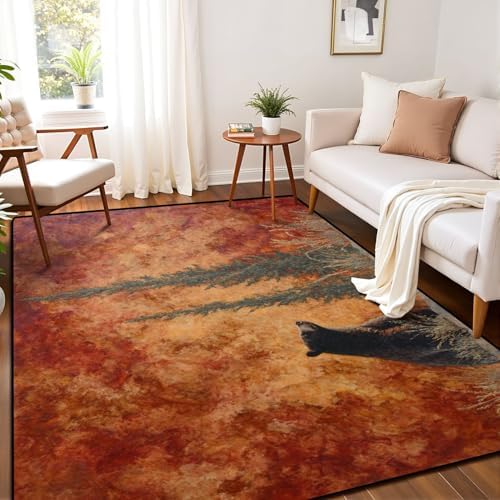 Nature Inspired Bear Pine Scene Warm Earthy Tones Area Rug Outdoor Patio Rug Play Mat Modern Floor Carpet Non-Slip Home Decor Living Room Kids Bedroom Nursery, 6x9 ft