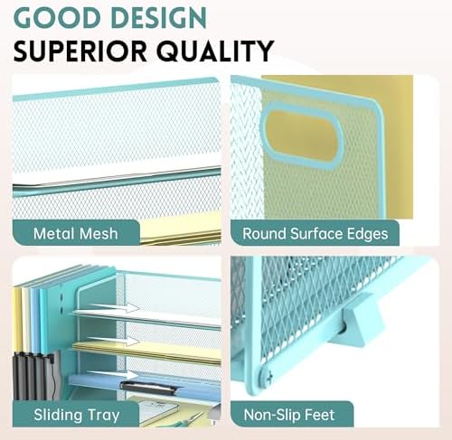 5-Tier Desk Organizer with File Holder & Pen Holder & Sliding Drawer, Blue