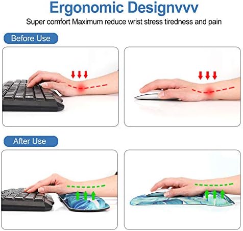 Keyboard Wrist Rest Pad Ergonomic Mouse Pad Set, ToLuLu Mouse Pad for Computer Laptop, Non Slip Mousepad Keyboard Wrist Support with Raised Memory Foam for Easy Typing Pain Relief, Tropical Leaf